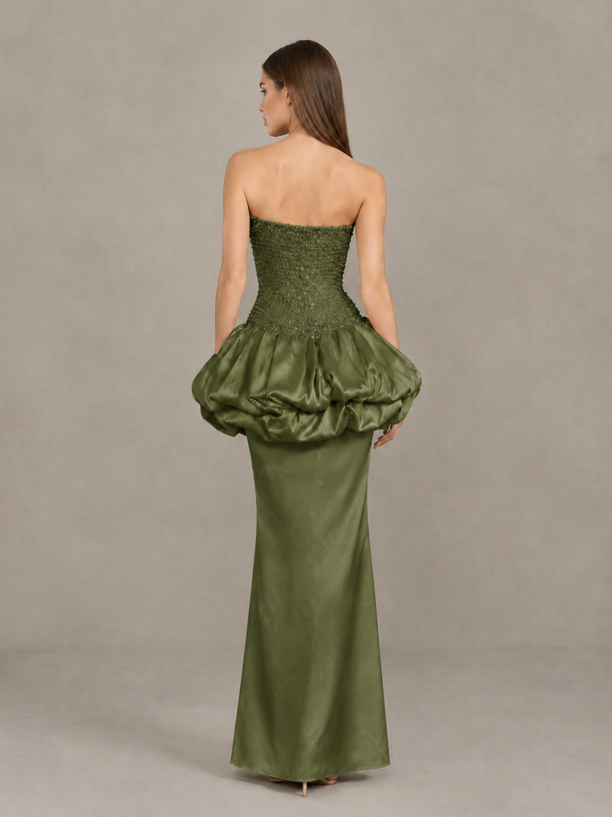 BOLODOO Olive Green Strapless Embellished Bubble Peplum Evening Dress - Olive Green - Olive Green_2