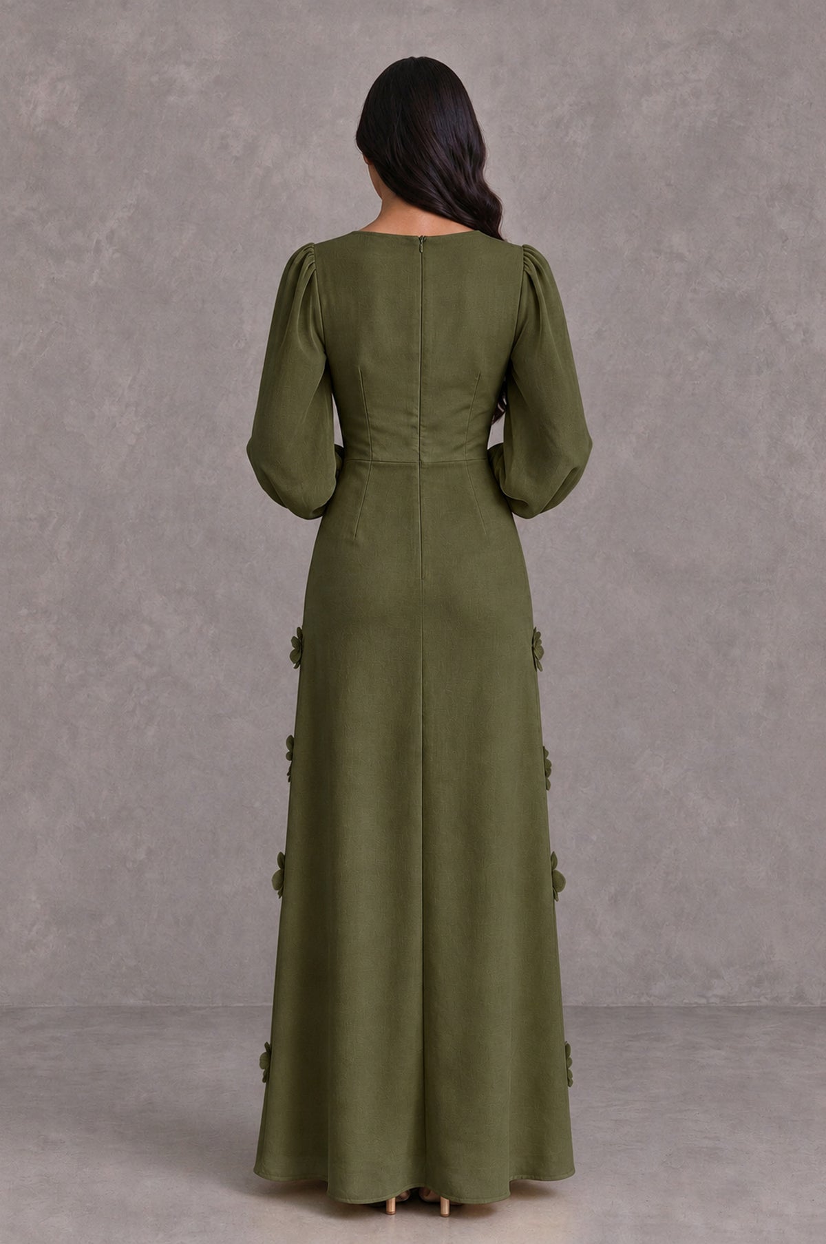 BOLODOO Olive Green Long Sleeve Floral Applique A-Line Evening Dress - Olive Green - Olive Green_2