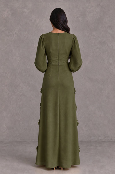 BOLODOO Olive Green Long Sleeve Floral Applique A-Line Evening Dress - Olive Green - Olive Green_2