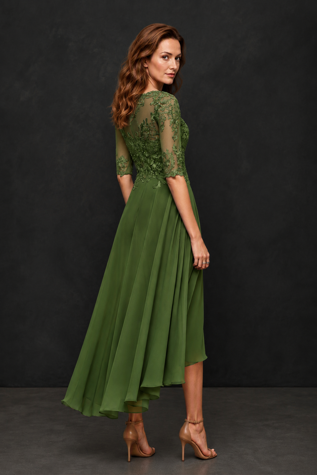 BOLODOO Olive Green Illusion Lace 3/4 Sleeve Hi-Lo Chiffon A-Line Dress | Mother of the Bride Tea Length Dress - Olive Green
