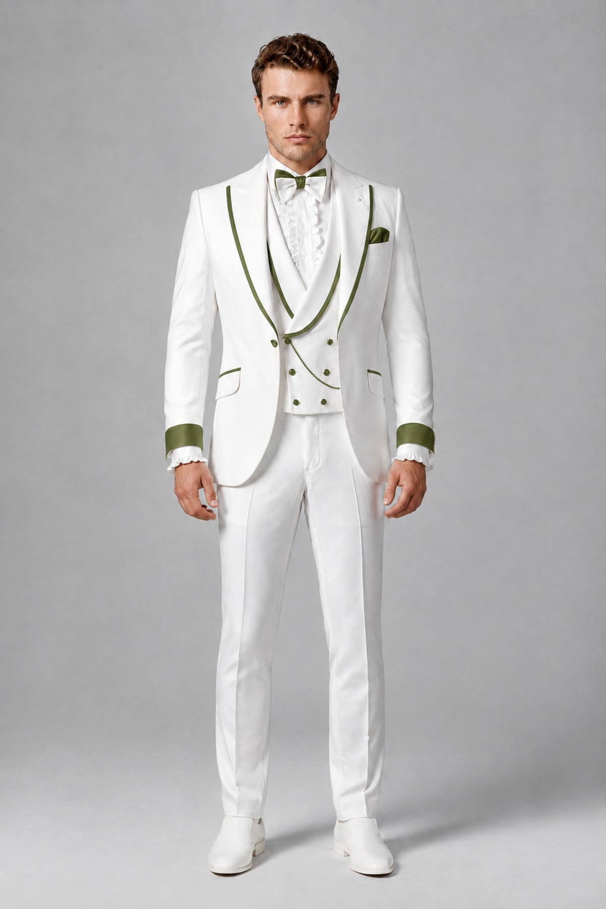 Bolodoo Men's White and Olive Green Three-Piece Wedding Tuxedo Suit - Olive Green - Olive Green_2