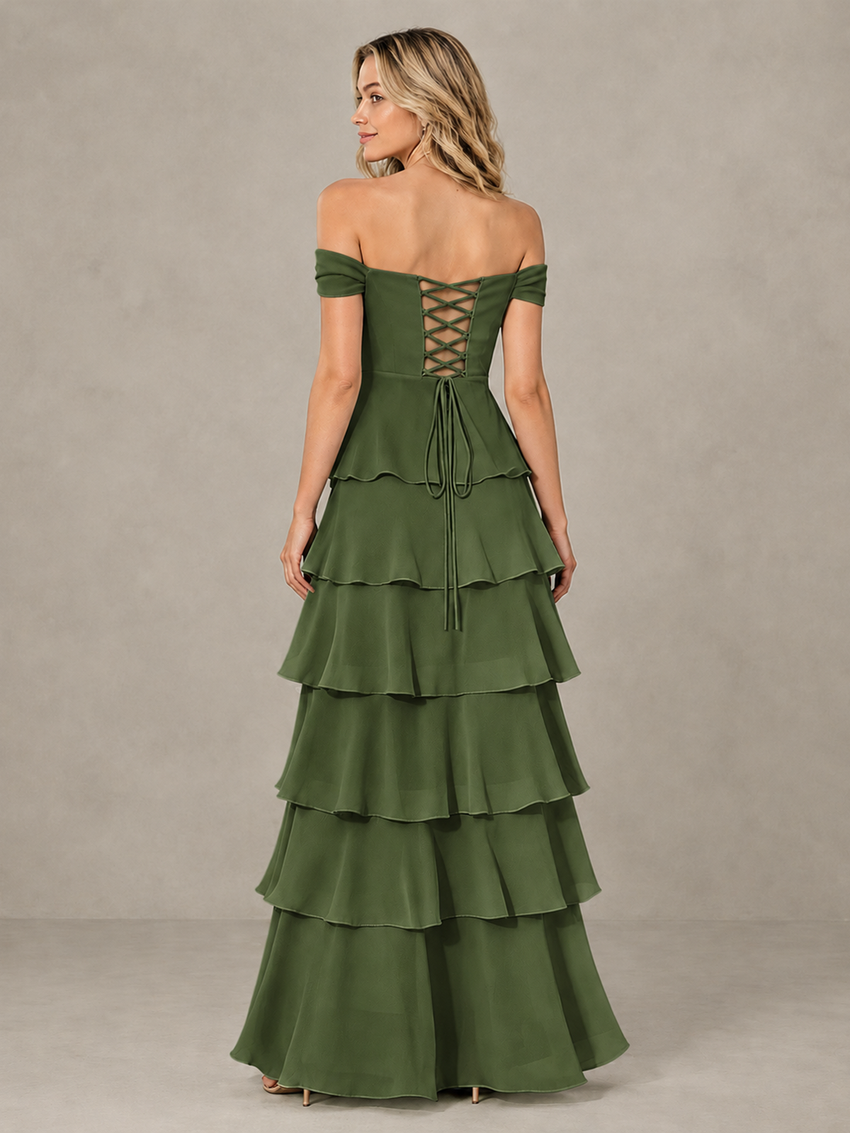 BOLODOO Olive Green Off-Shoulder Tiered Ruffle Bridesmaid Dress with Lace-Up Back - Olive Green - Olive Green_2