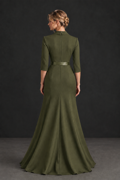 BOLODOO Olive Green Lapel Ruffle Mother of the Bride Dress with Belt - Olive Green - Olive Green_2