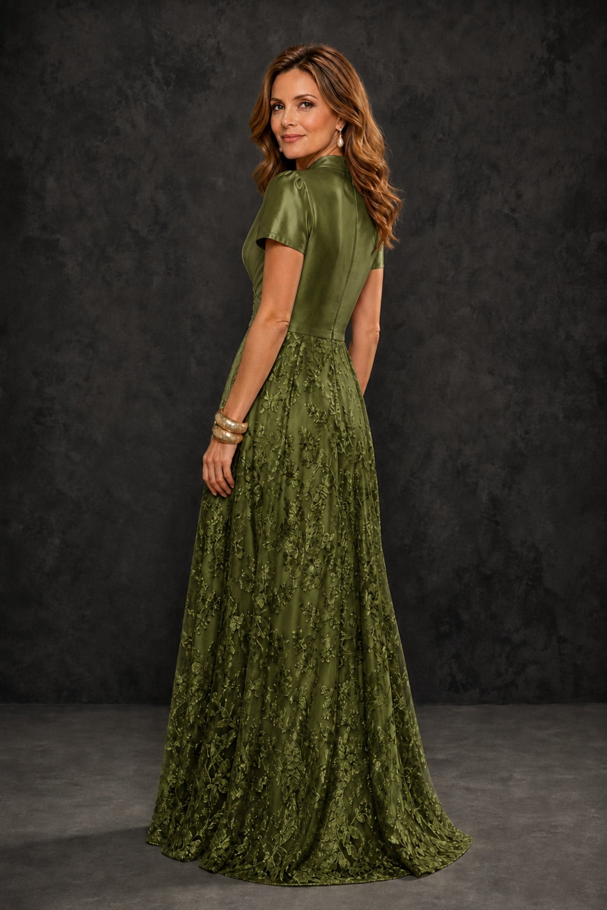 BOLODOO Olive Green Satin Wrap V-Neck Short Sleeve Lace Glitter A-Line Floor Length Evening Gown – Formal Dress - Olive Green