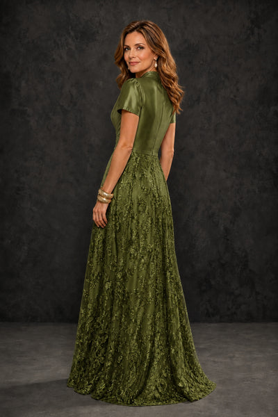 BOLODOO Olive Green Satin Wrap V-Neck Short Sleeve Lace Glitter A-Line Floor Length Evening Gown – Formal Dress - Olive Green