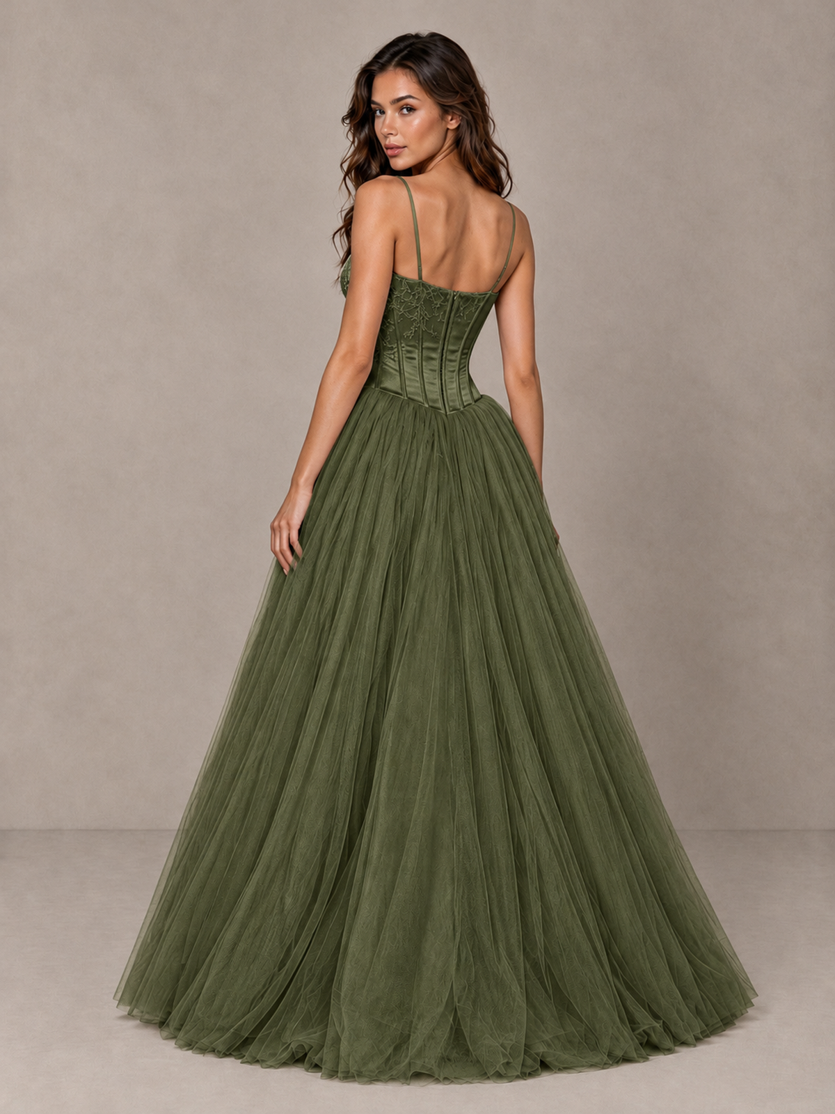 BOLODOO Olive Green Corset Tulle Prom Dress with Spaghetti Straps - Olive Green - Olive_Green_2