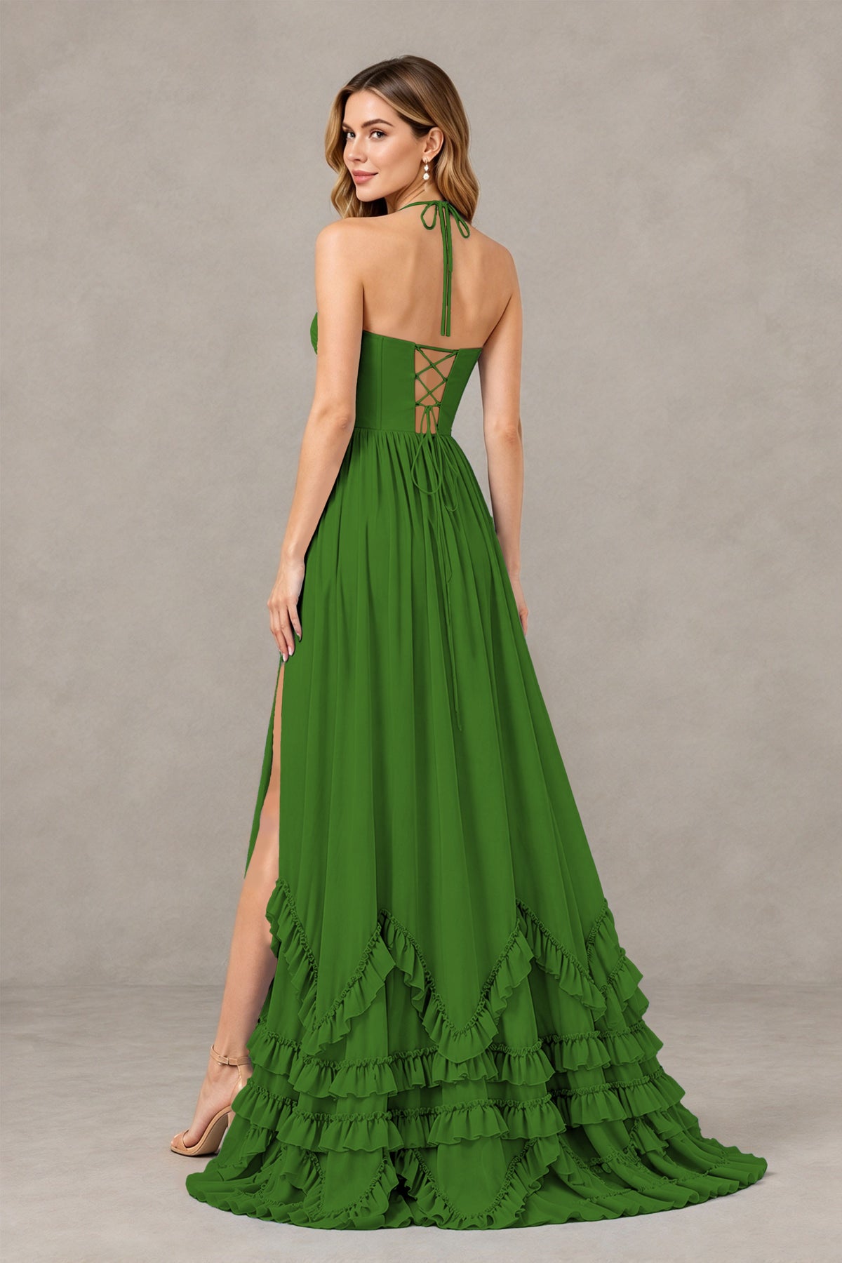 BOLODOO Olive Green Halter Ruffle Hem A-Line Bridesmaid Dress with High Slit - Olive Green - Olive Green(2)