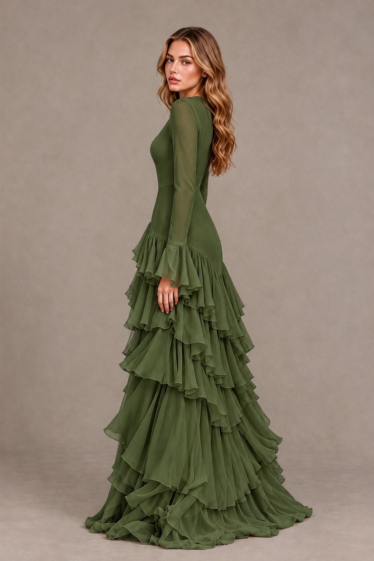 Olive Green Long Sleeve Tiered Ruffle Evening Gown - Olive Green - Olive Green_2