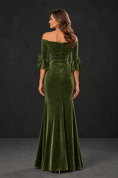 BOLODOO Olive Green Velvet Mother of the Bride Dress with Rosette Sleeves - Olive Green - Olive_Green_2