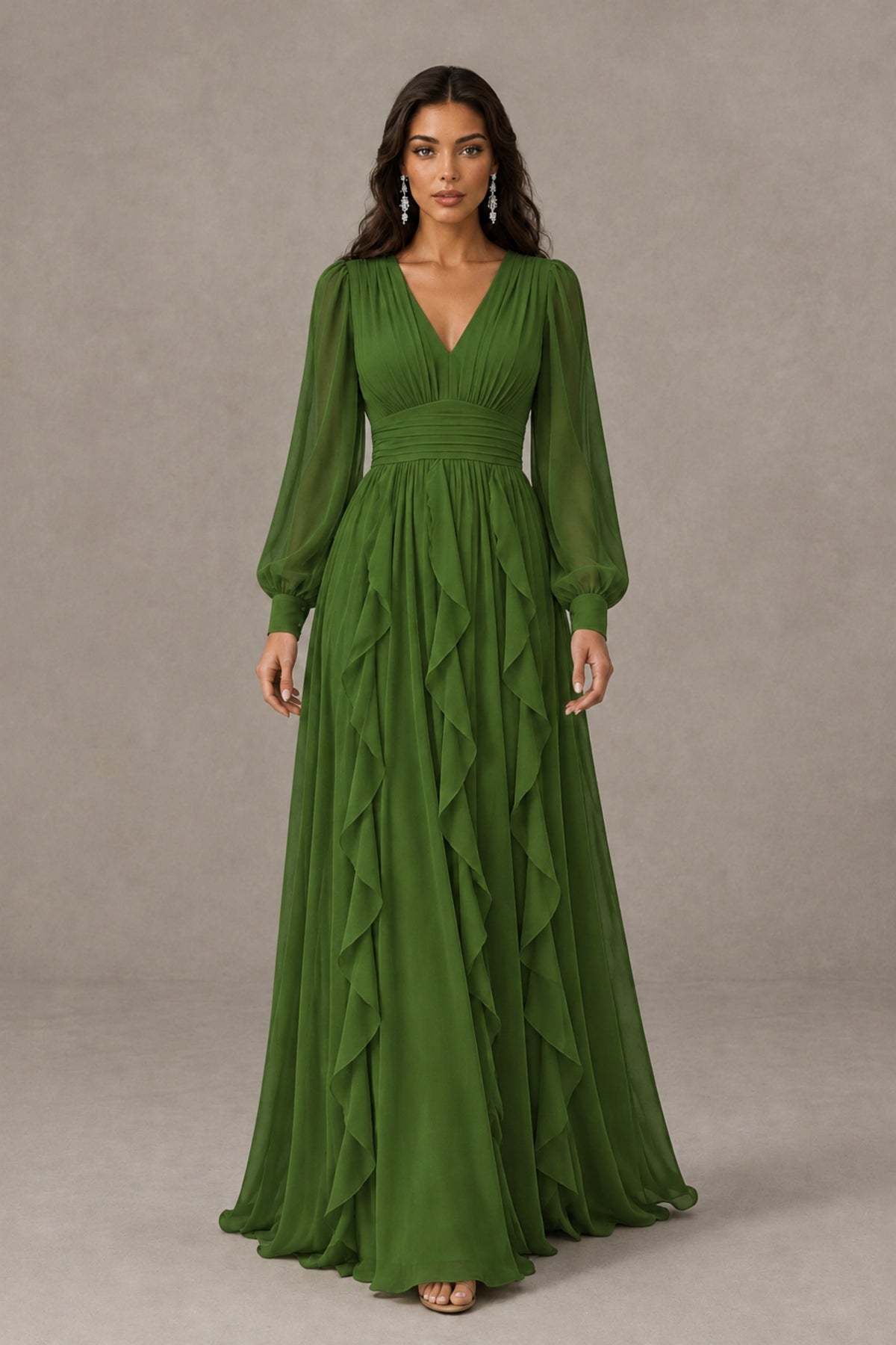 BOLODOO Olive Green Long Sleeve V-Neck Ruffle Maxi Dress - Olive Green