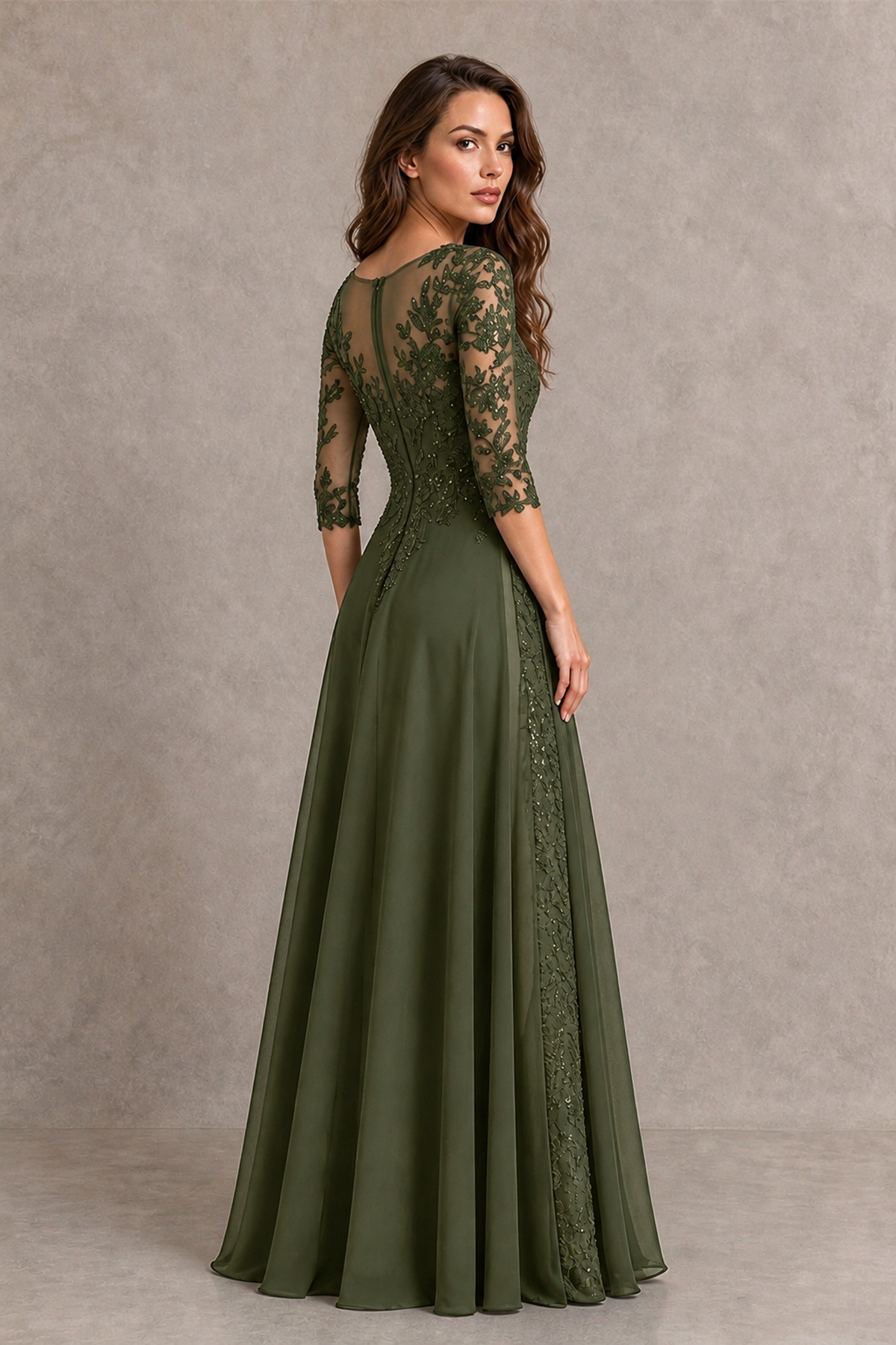 BOLODOO Midnight Olive Green Beaded Lace Appliqué Chiffon A-Line Gown | Mother of the Bride & Formal Evening Dress - Olive Green - Olive Green_2