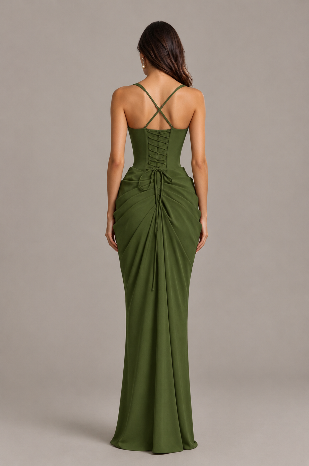 BOLODOO Olive Green Sweetheart Ruched Lace-Up Back Evening Gown - Olive Green - Olive_Green_2