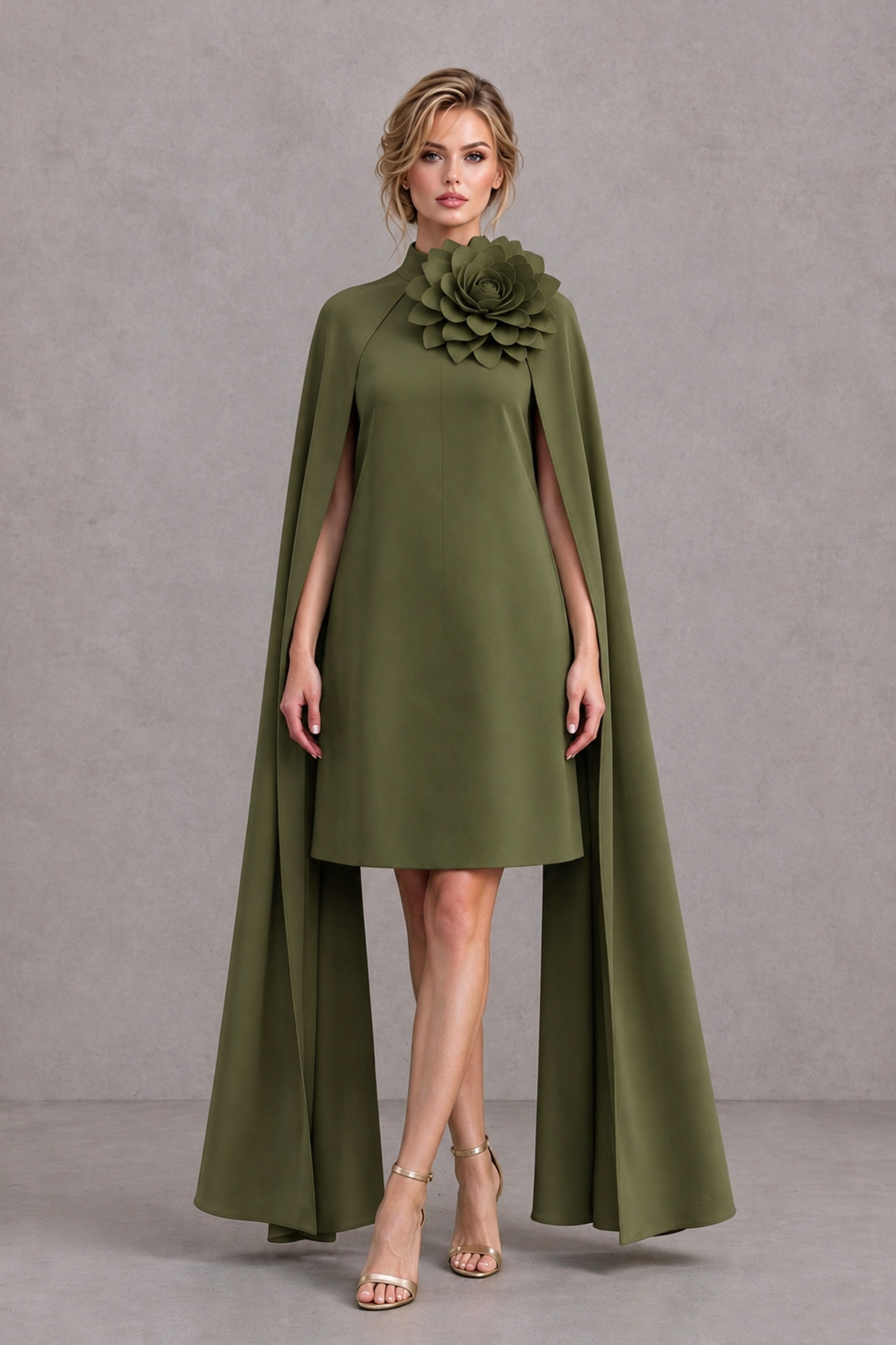 BOLODOO Olive Green High Neck Floral Cape Mini Cocktail Dress - Olive Green - Olive Green_2