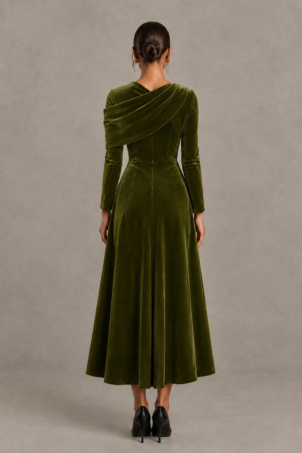 BOLODOO Olive Green Velvet-Look Long Sleeve Tea-Length A-Line Dress with Draped Neckline - Olive Green - Olive Green_2