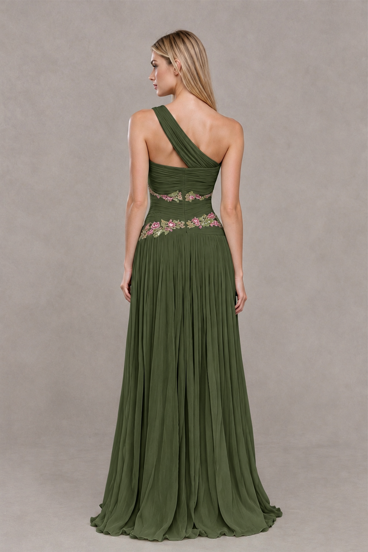 BOLODOO Olive Green One-Shoulder Floral Applique A-Line Evening Dress - Olive Green - Olive Green_2