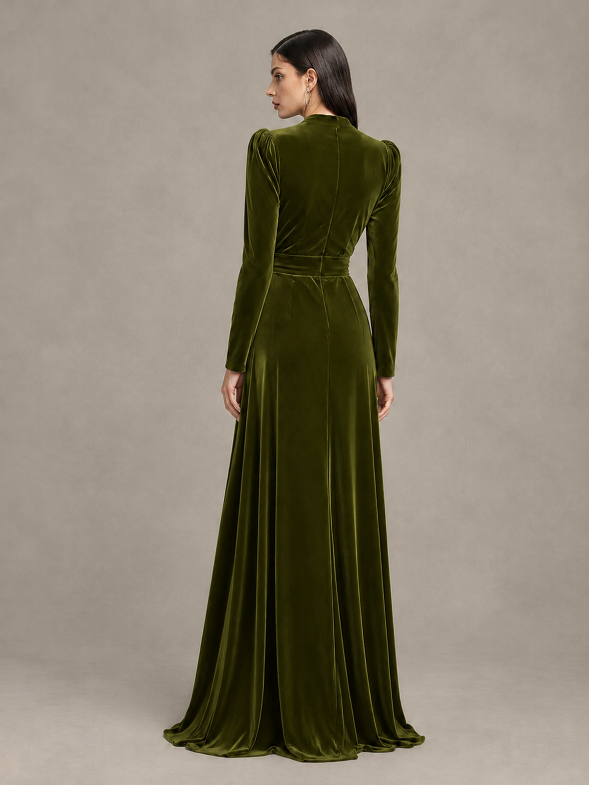 BOLODOO Olive Green Long Sleeve Velvet-Look Evening Dress with High Slit - Olive Green - Olive Green_2
