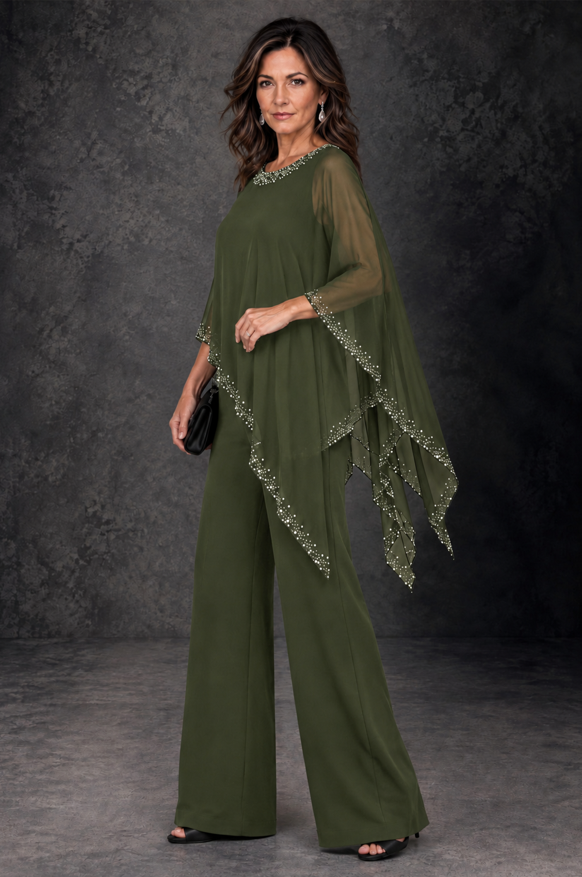 BOLODOO Olive Green Embellished Cape Mother of the Bride Pantsuit - Olive Green - Olive_Green_2