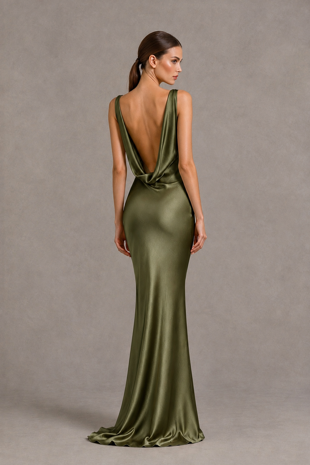 BOLODOO Olive Green Cowl Neck Backless Satin Mermaid Evening Dress - Olive Green - Olive Green_2