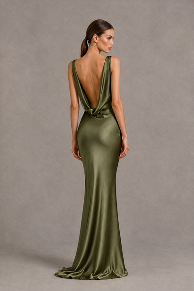 BOLODOO Olive Green Cowl Neck Backless Satin Mermaid Evening Dress - Olive Green - Olive Green_2