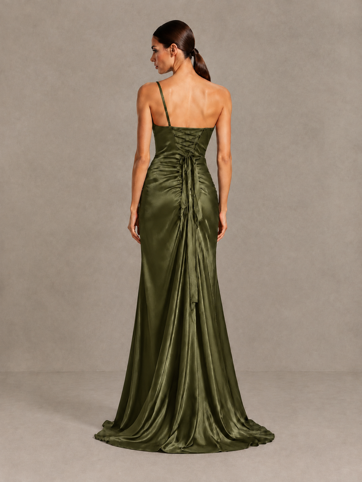 BOLODOO Olive Green One Shoulder Satin Evening Gown with High Slit and Sweep Train - Olive Green - Olive Green_2