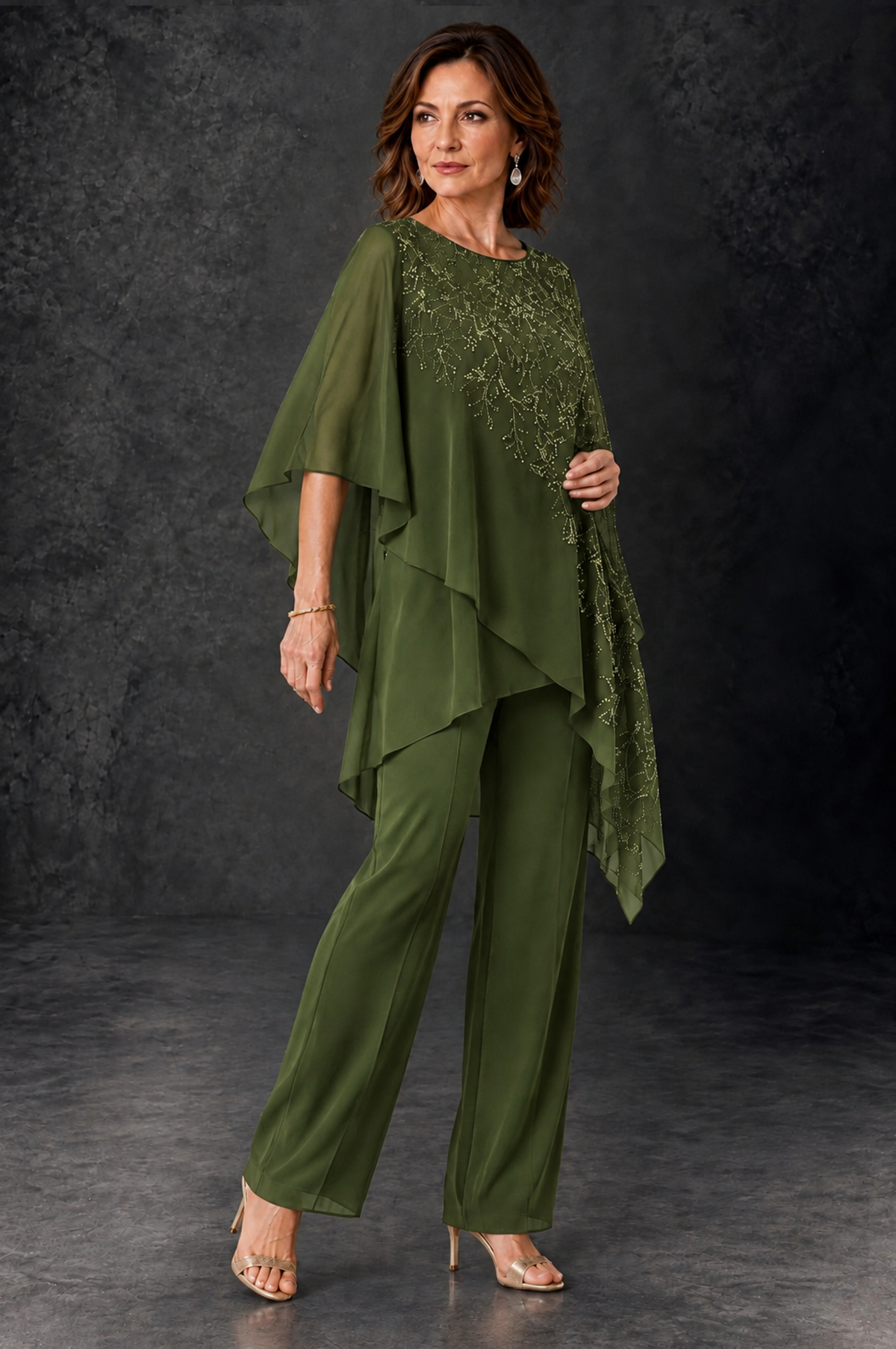 BOLODOO Olive Green Embellished Cape Pant Suit for Mother of the Bride - Olive Green - Olive_Green_2