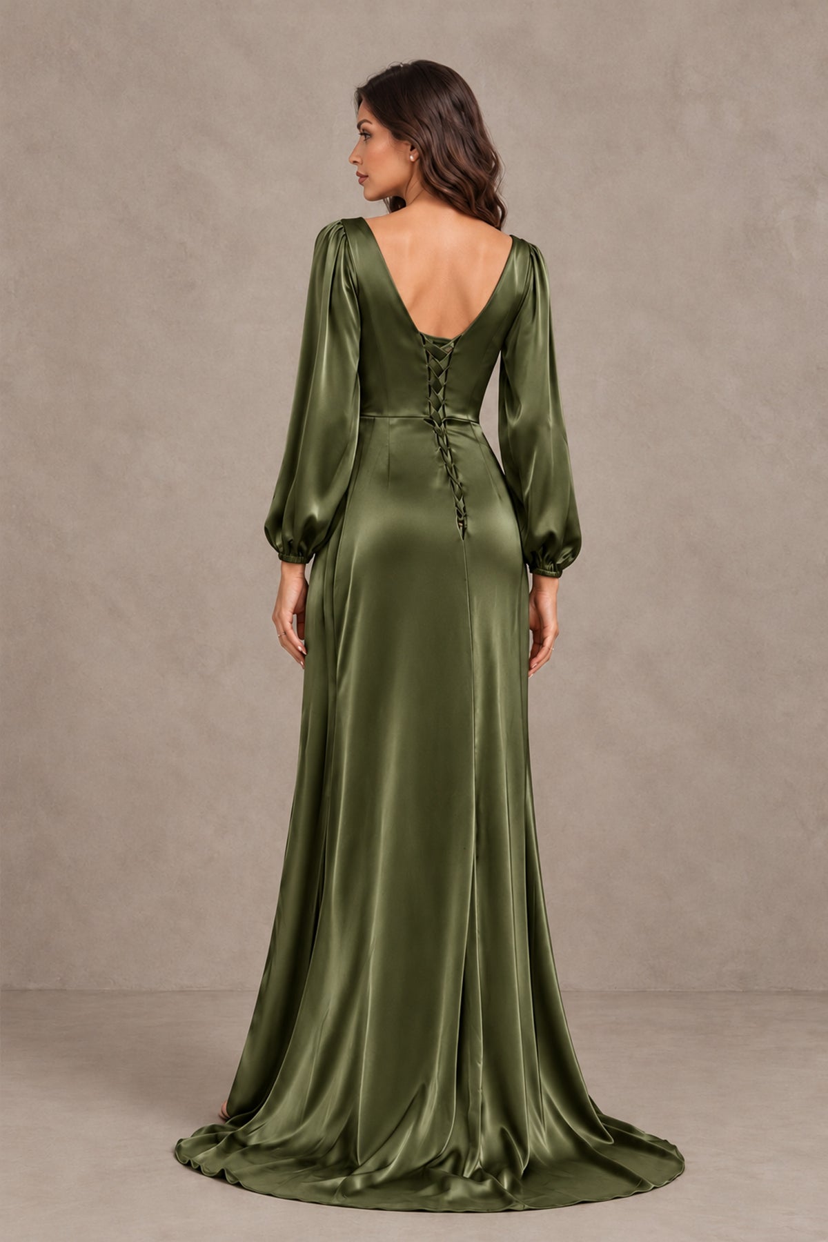 BOLODOO Olive Green Satin-Look Long Sleeve Evening Dress with High Slit - Olive Green - Olive Green_2
