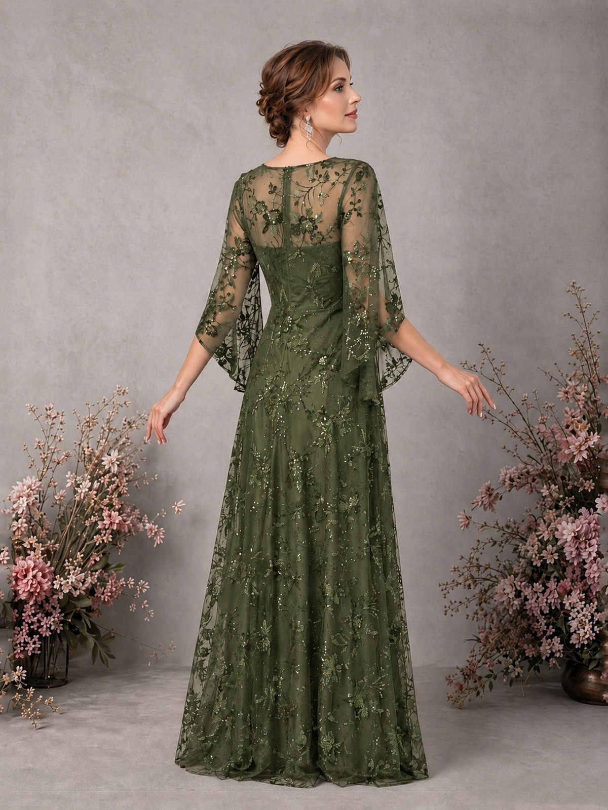 BOLODOO Olive Green Sequin Lace Cape Sleeve Formal Evening Gown - Olive Green - Olive Green_2