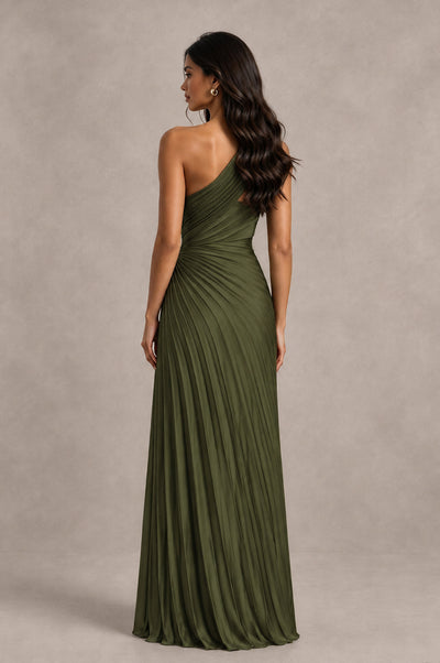 BOLODOO Olive Green One Shoulder Pleated Evening Dress with Ruched Waist and High Slit - Olive Green - Olive Green_2