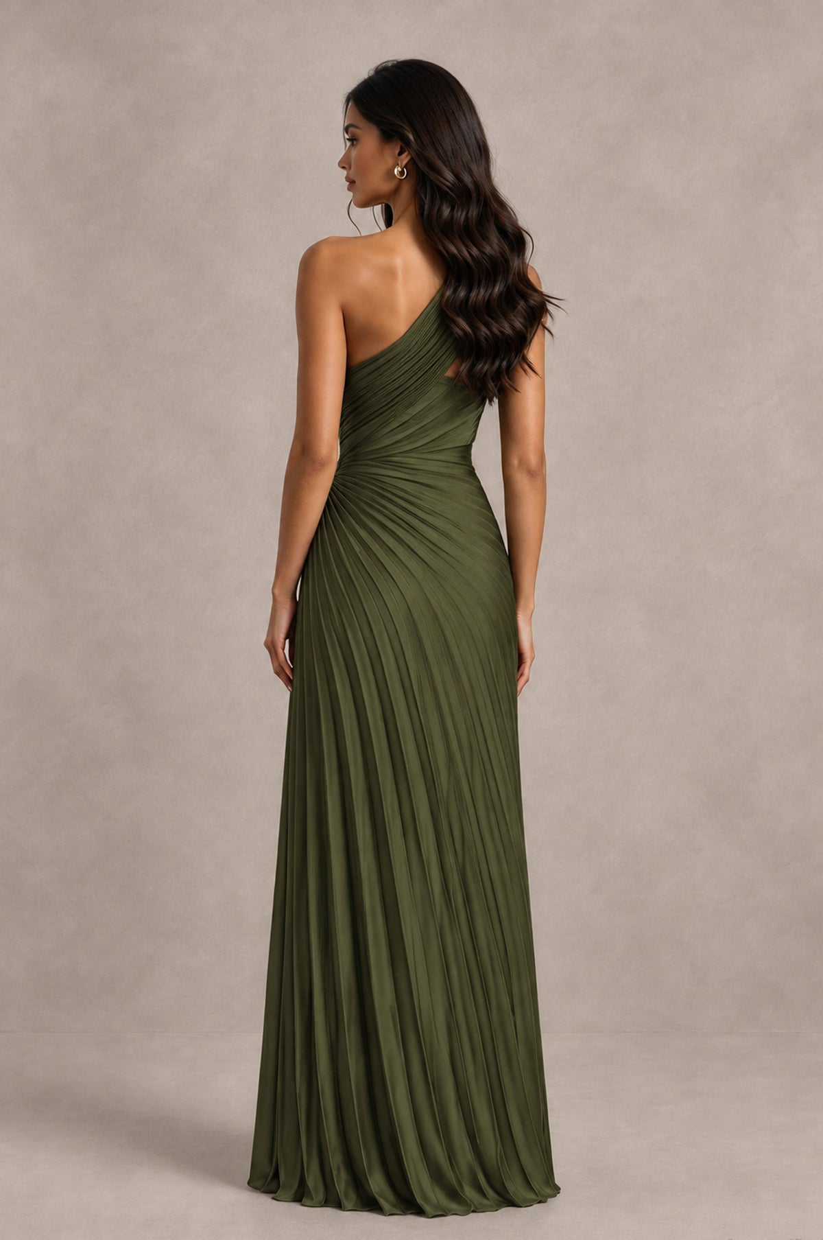 BOLODOO Olive Green One Shoulder Pleated Evening Dress with Ruched Waist and High Slit - Olive Green - Olive Green_2