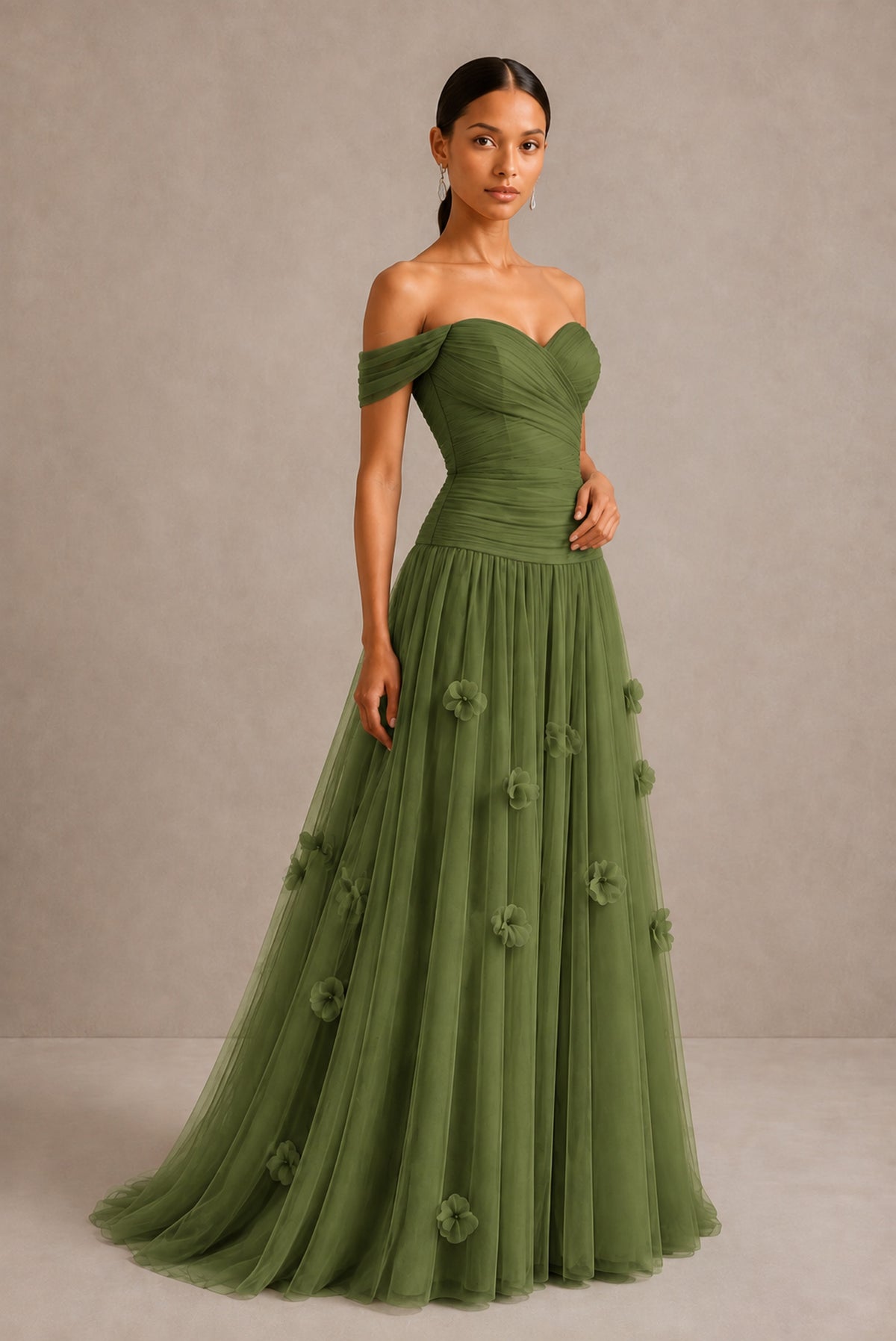 Olive Green Off-Shoulder Sweetheart A-Line Tulle Gown with 3D Floral Appliques | BOLODOO - Olive Green
