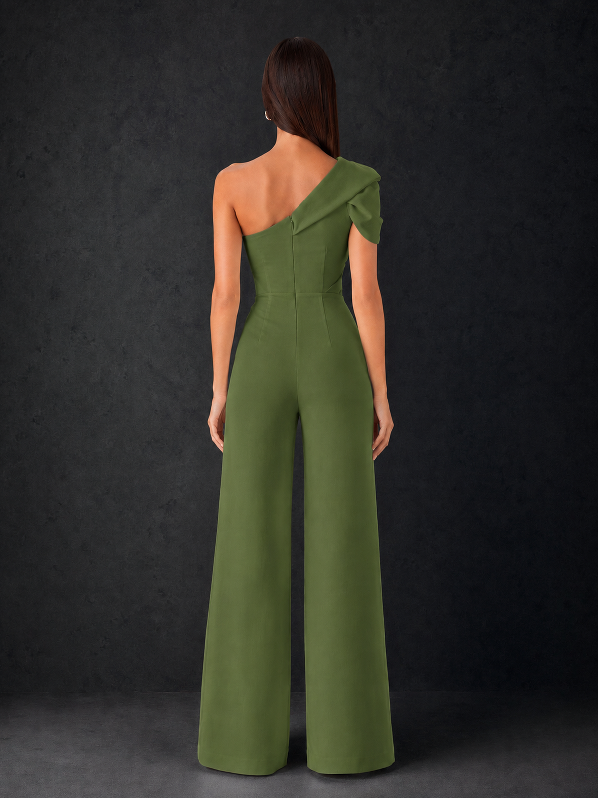 BOLODOO Olive Green One-Shoulder Puff Sleeve Wide-Leg Jumpsuit with Front Slit and Open Back - Olive Green