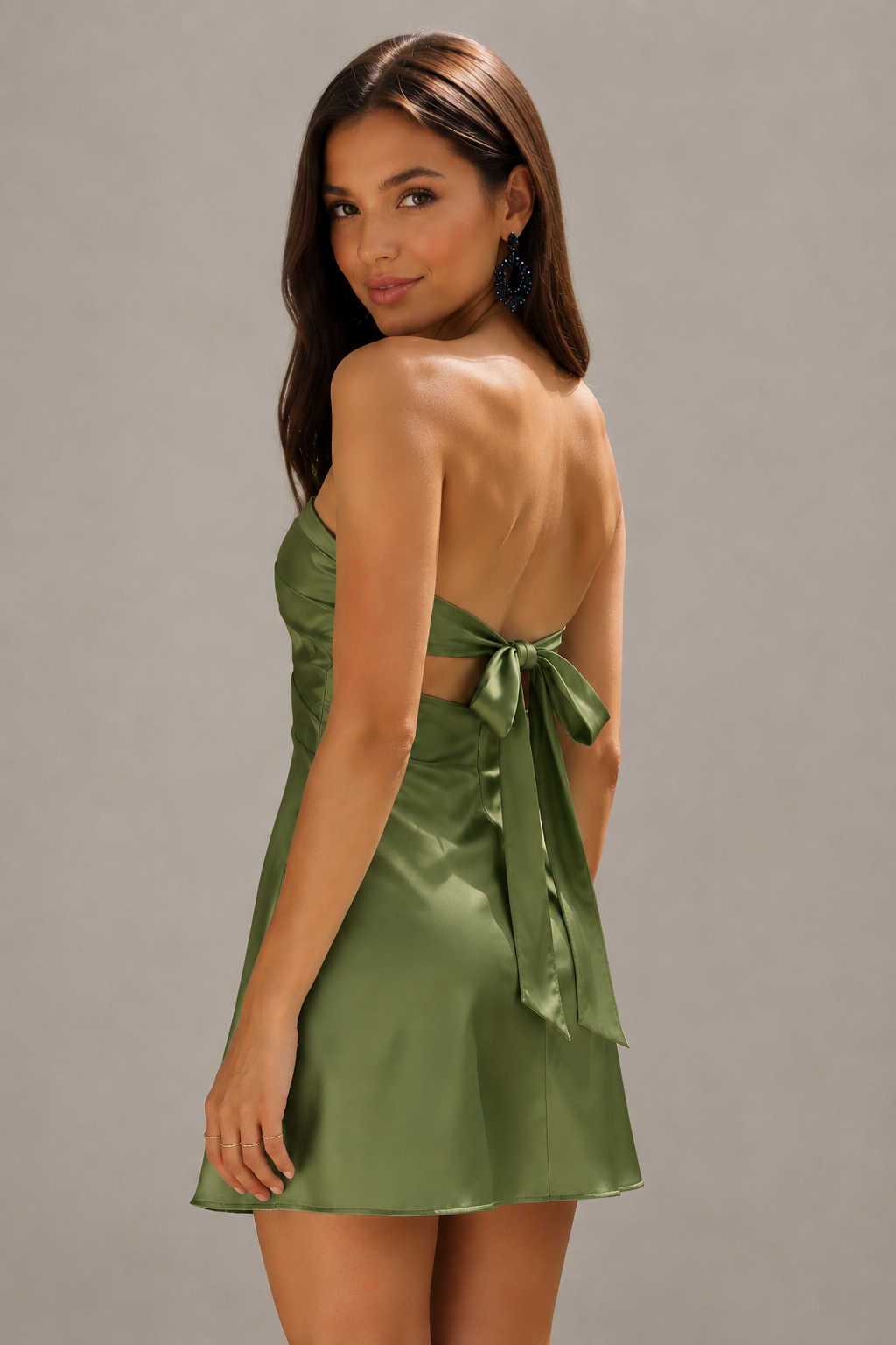 BOLODOO Mint Olive Green Satin Strapless Twist Cutout Mini Dress with Bow-Tie Open Back - Olive Green