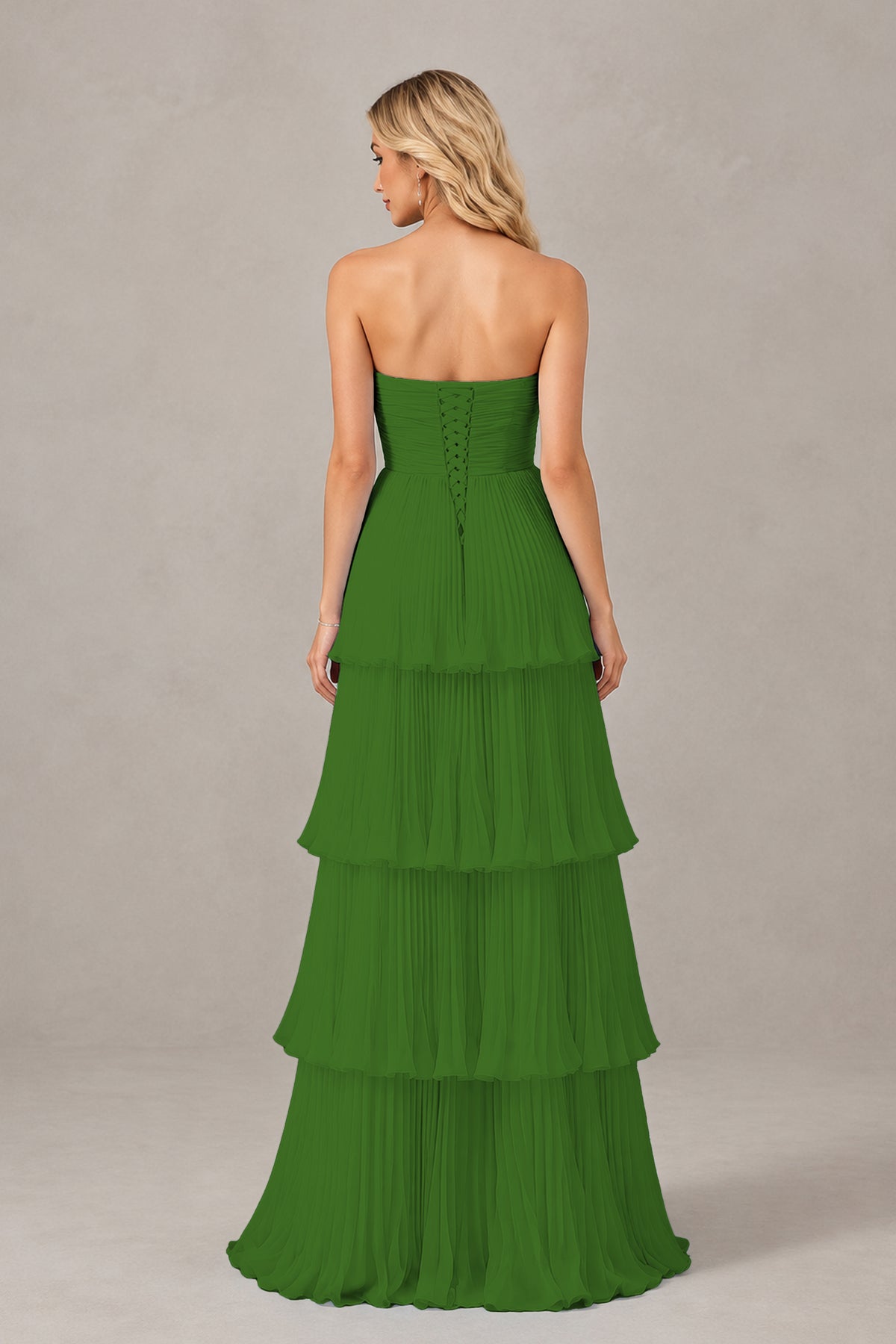 BOLODOO Olive Green Strapless Tiered Chiffon Maxi Dress - Olive Green