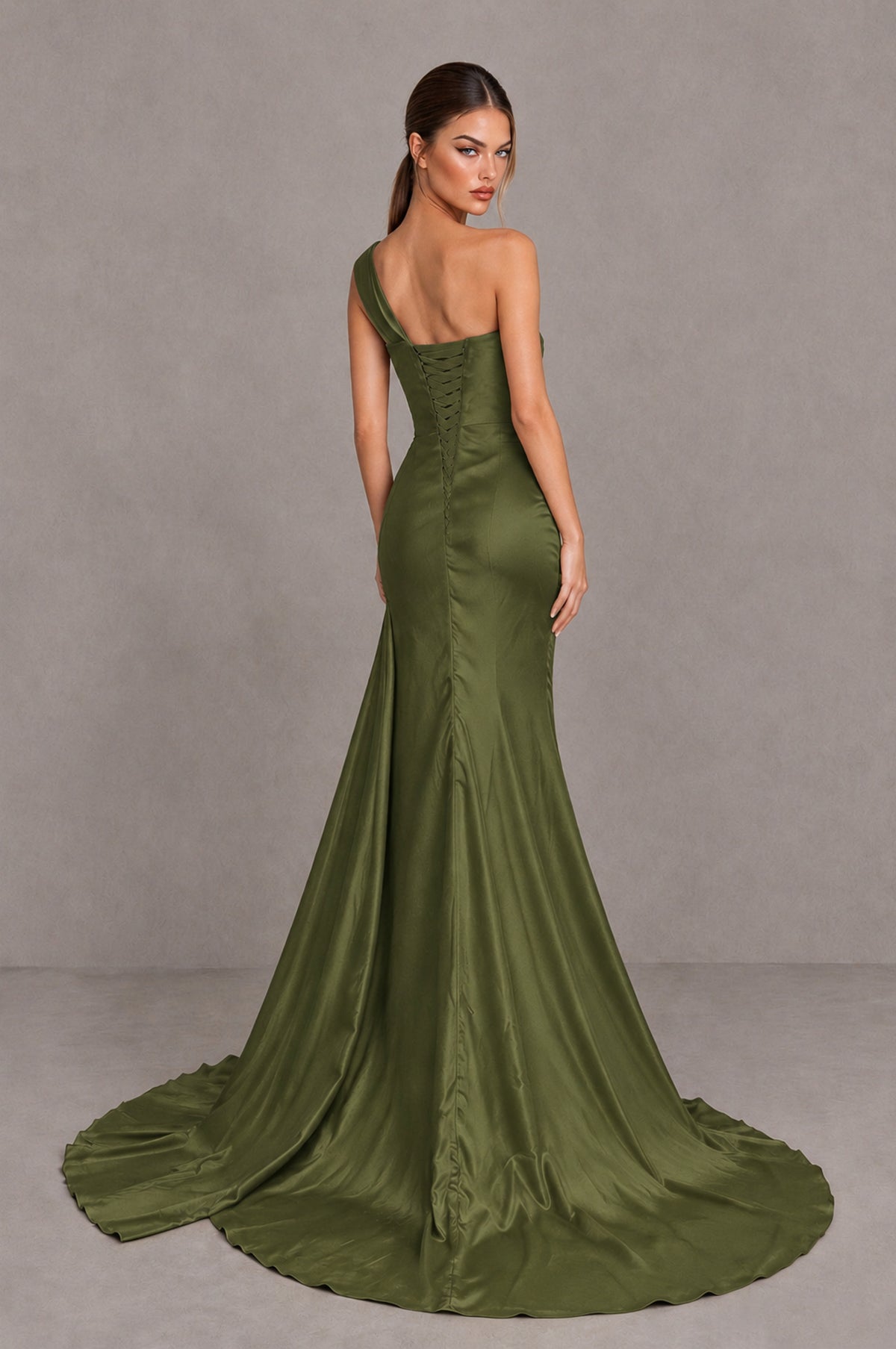 BOLODOO Olive Green One Shoulder Satin Mermaid Evening Dress with Ruched Slit Skirt - Olive Green - Olive Green_2