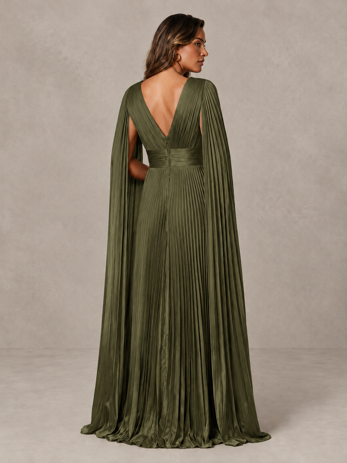 BOLODOO Olive Green Deep V-Neck Pleated Cape Sleeve Evening Gown - Olive Green - Olive Green_2