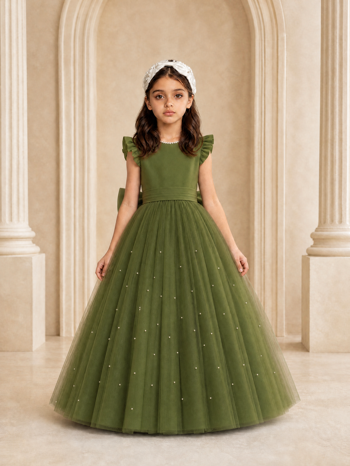 BOLODOO Olive Green Tulle Flower Girl Dress with Ruffle Sleeves & Bow Back - Olive Green - Olive_Green_2