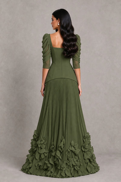 BOLODOO Olive Green Square Neck Pleated Floral Applique Evening Dress - Olive Green - Olive Green_2