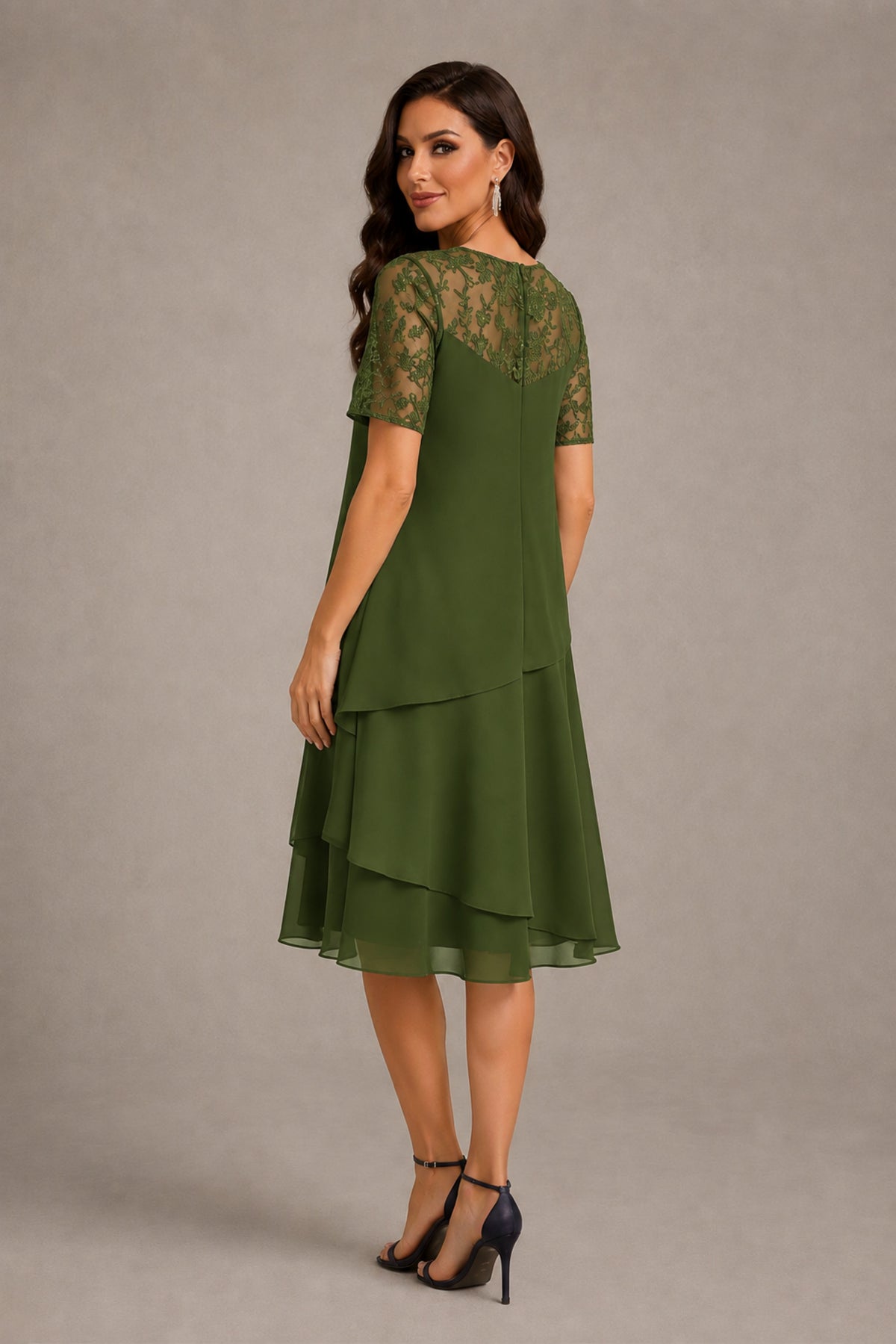 BOLODOO Olive Green Illusion Lace Short Sleeve Tiered Chiffon Tea Length Dress | Mother of the Bride Midi Dress - Olive Green