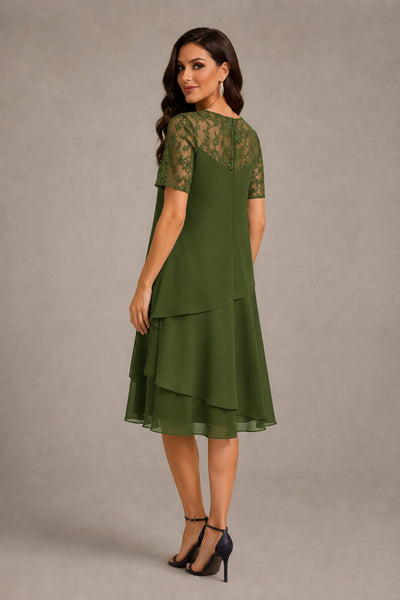 BOLODOO Olive Green Illusion Lace Short Sleeve Tiered Chiffon Tea Length Dress | Mother of the Bride Midi Dress - Olive Green