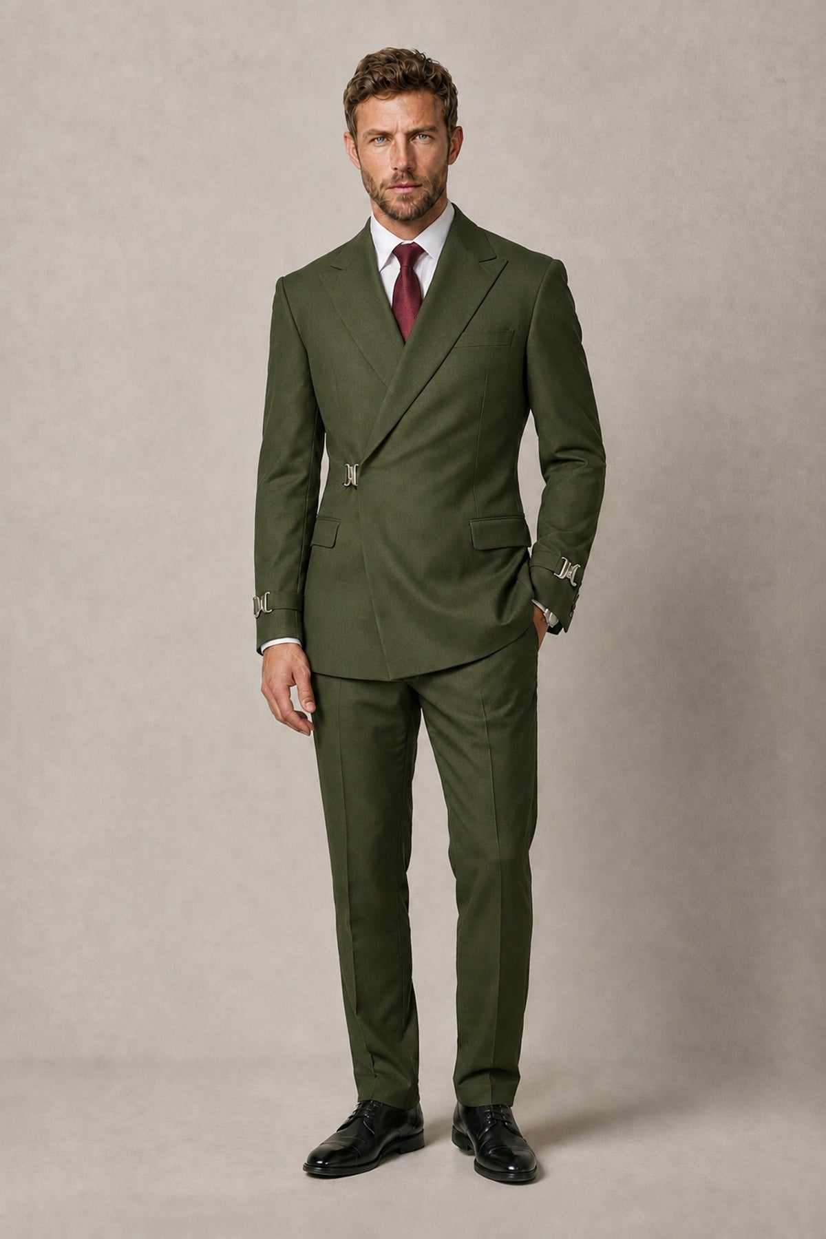 BOLODOO Men's Olive Green Double-Breasted 2-Piece Suit Set – Blazer & Tailored Trousers - Olive Green