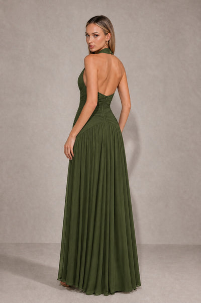 BOLODOO Olive Green Chiffon Halter Deep V-Neck Ruched A-Line Backless Maxi Dress with Train-BD0167 - Olive Green - Olive Green_2