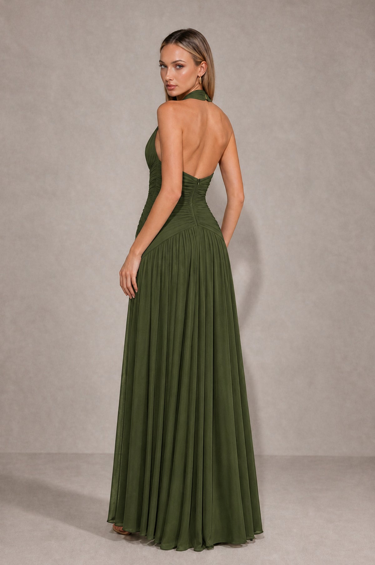 BOLODOO Olive Green Chiffon Halter Deep V-Neck Ruched A-Line Backless Maxi Dress with Train-BD0167 - Olive Green - Olive Green_2