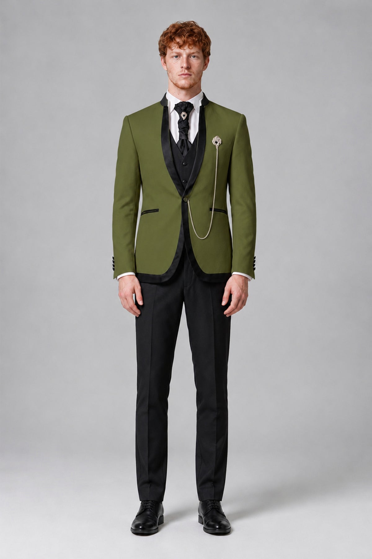 Bolodoo Men's Olive Green 3-Piece Shawl Lapel Tuxedo Suit with Vest - Olive Green - Olive Green_2