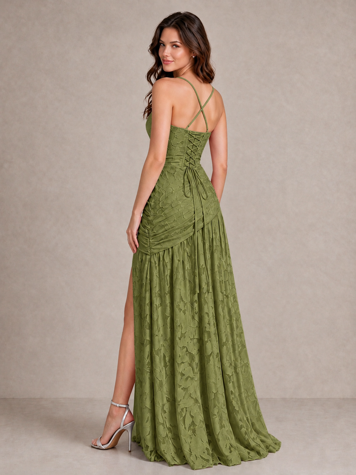 BOLODOO Olive Green Floral Jacquard Bridesmaid Dress with Square Neck, Lace-Up Back & High Slit - Olive Green - Olive Green_2