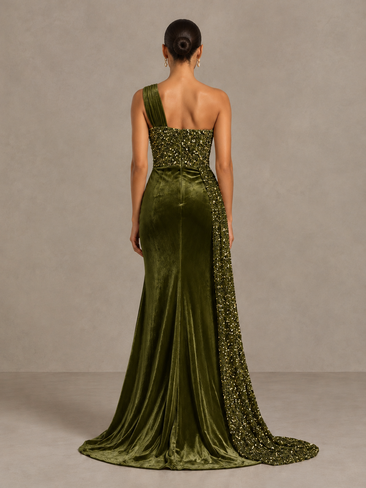 BOLODOO Olive Green One-Shoulder Satin Sequin Gown with High Slit - Olive Green - Olive Green_2
