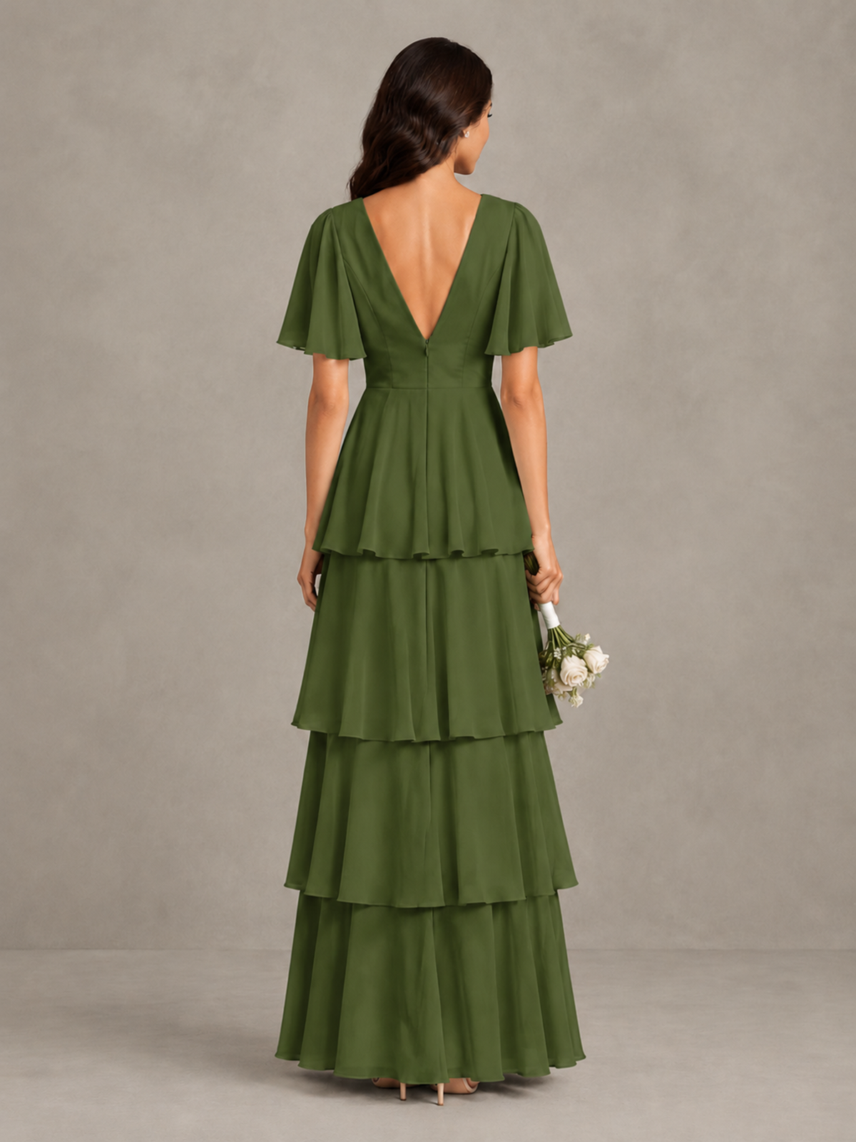 BOLODOO Olive Green Tiered Flutter Sleeve Bridesmaid Dress - Olive Green - Olive Green_2