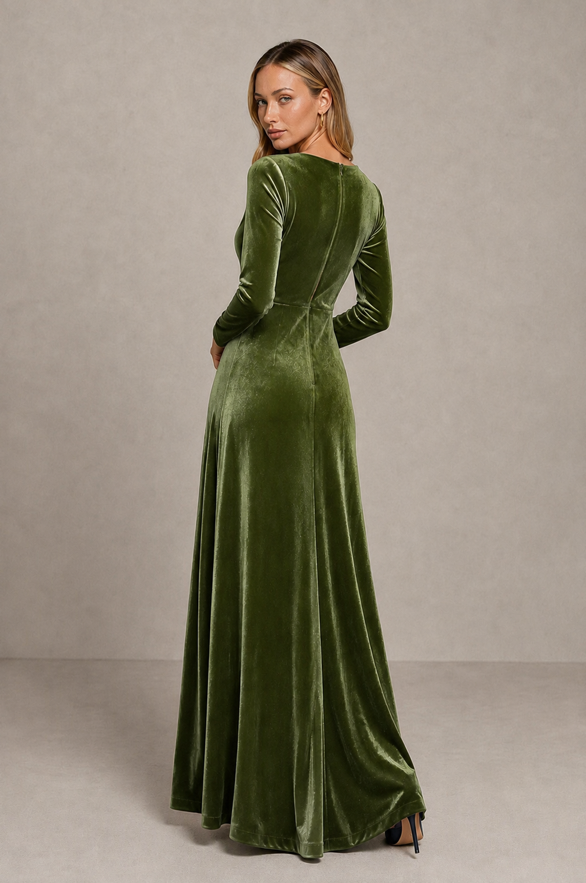 BOLODOO Olive Green Velvet Long Sleeve V-Neck Ruched Evening Dress - Olive Green - Olive_Green_2