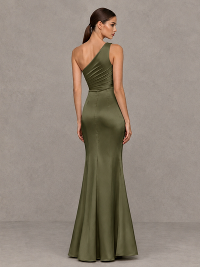 BOLODOO Olive Green One-Shoulder Ruched Satin-Look Evening Gown with High Slit - Olive Green - Olive Green_2