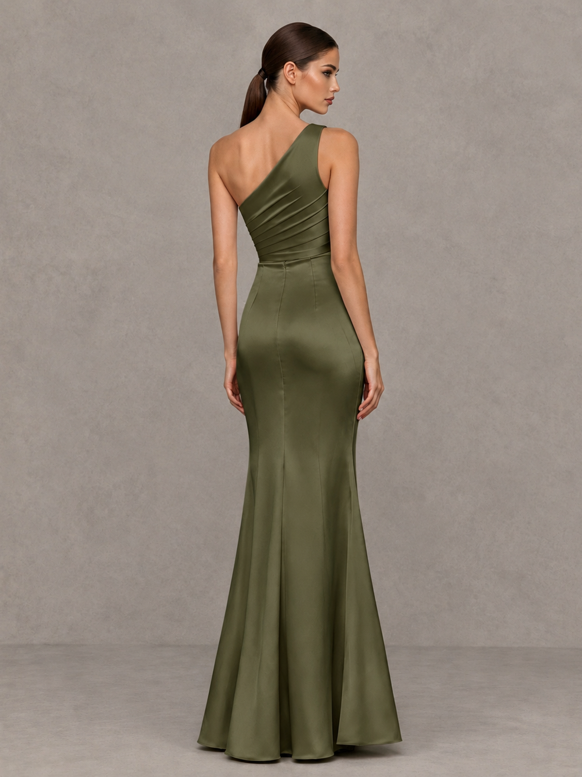 BOLODOO Olive Green One-Shoulder Ruched Satin-Look Evening Gown with High Slit - Olive Green - Olive Green_2