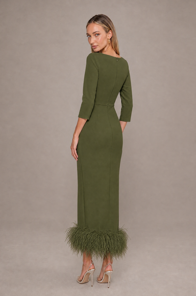 BOLODOO Olive Green Feather-Trim Twist-Waist Midi Dress - Olive Green - Olive_Green_2